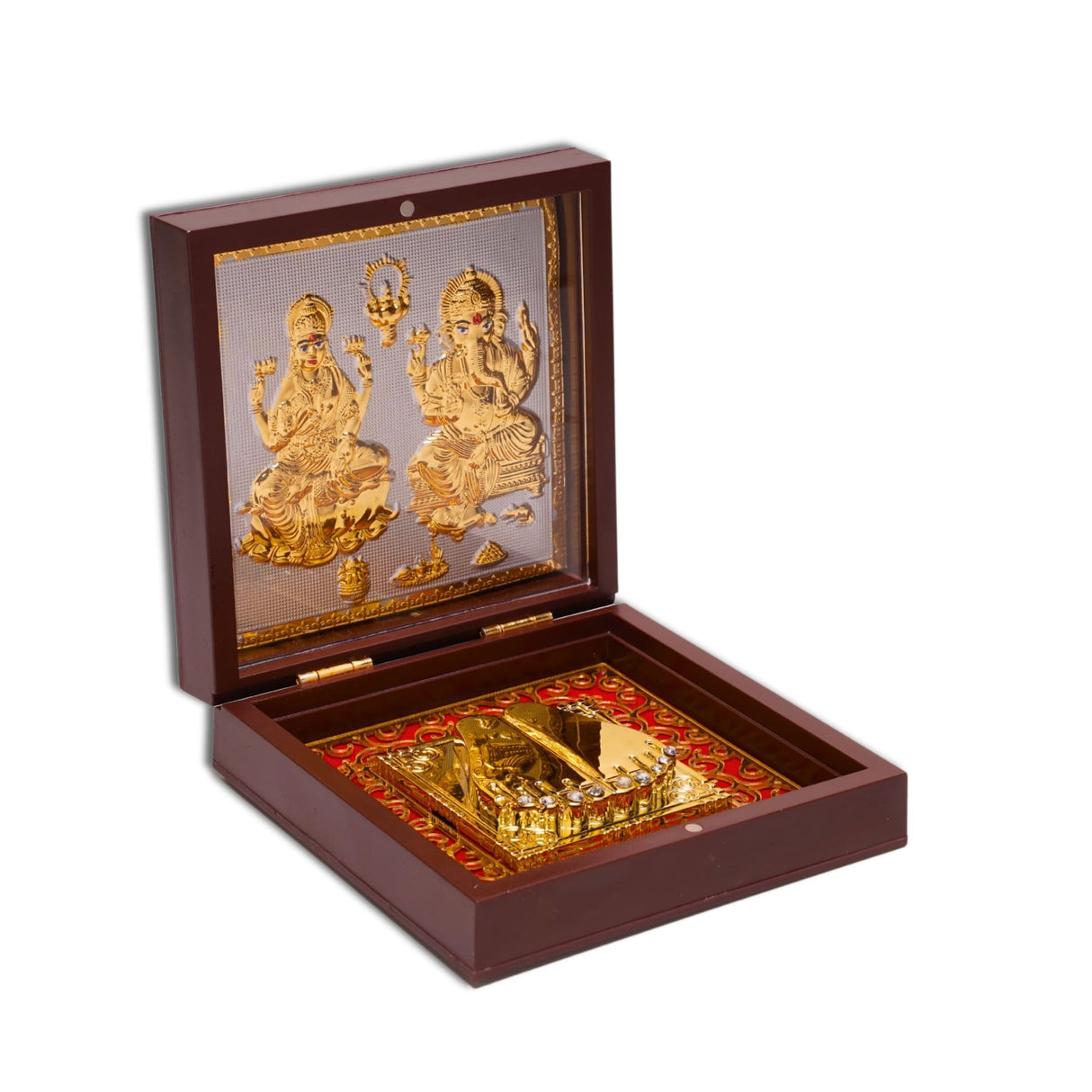 Gold plated laxmi ganesh photo frame with charan paduka