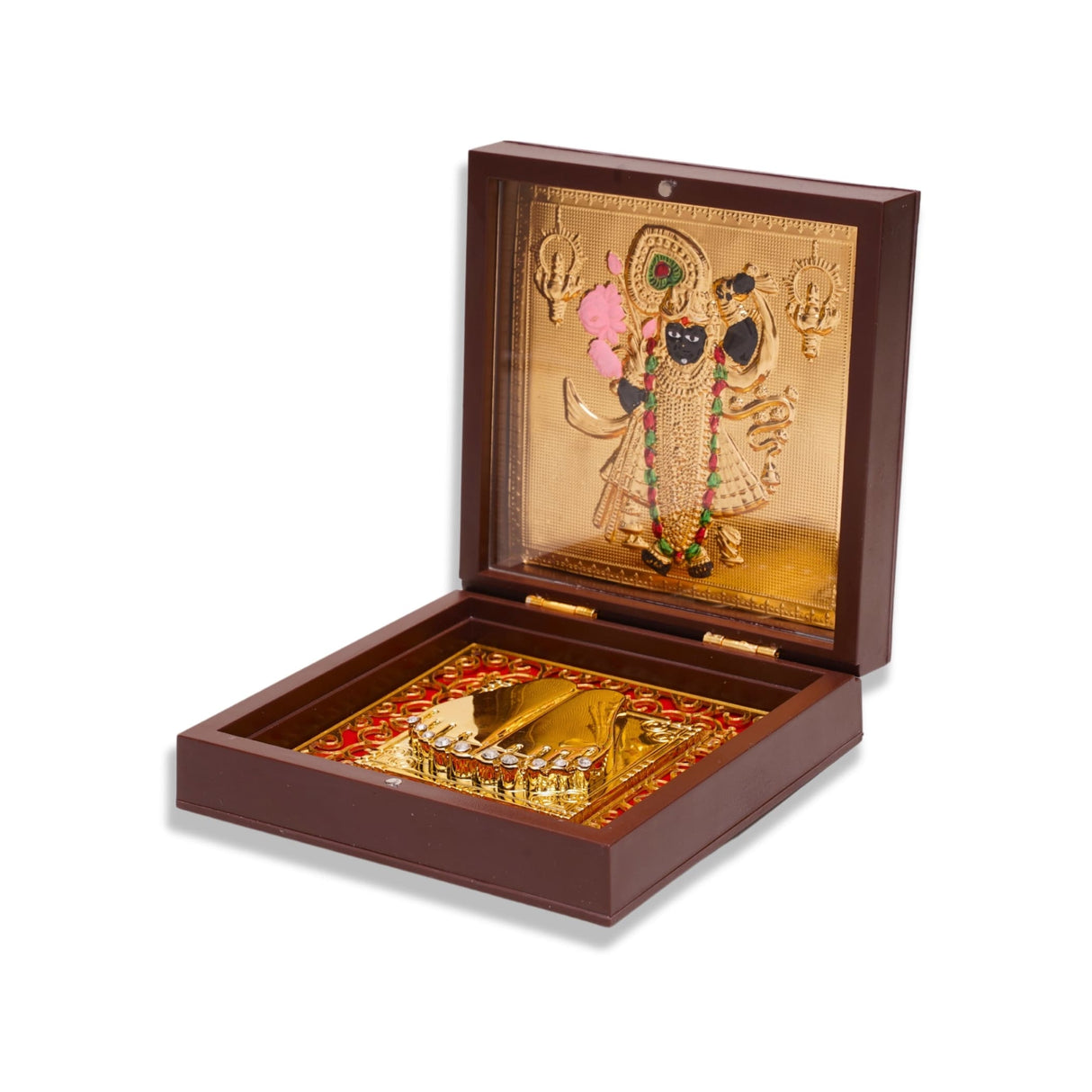 Gold plated shri nath ji photo frame with charan paduka