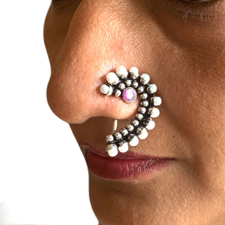 Marathi pearl nath nose pin indo western german silver clip