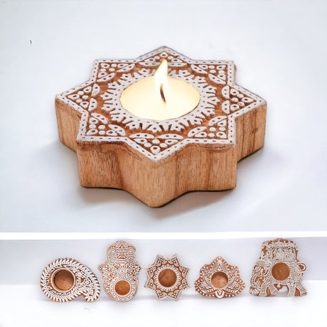 Wooden block print tea light candle holders for diwali
