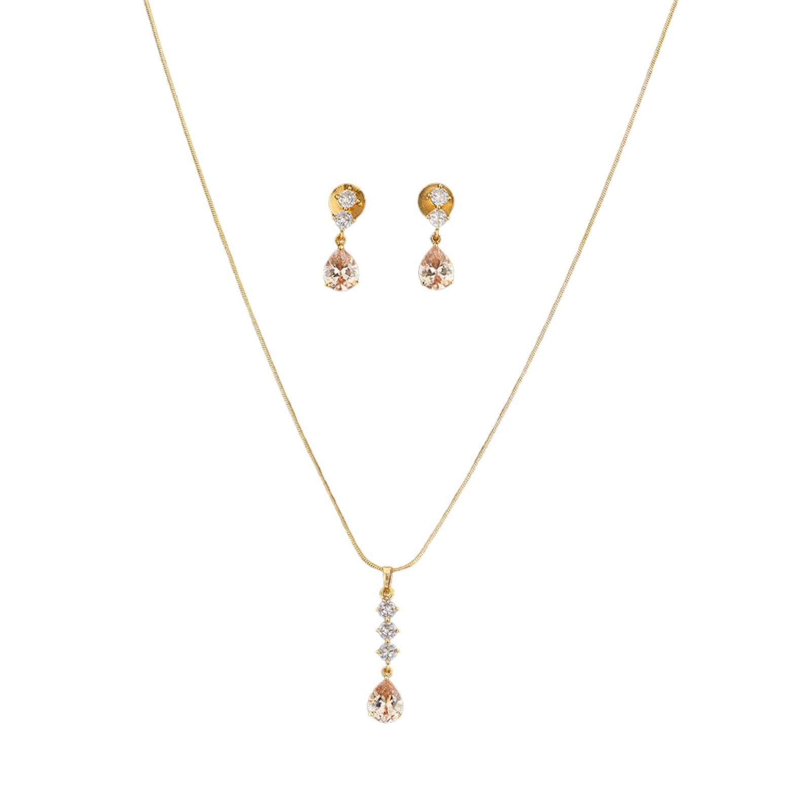 Gold chain necklace with pink gem pendant and matching earrings in Indian jewelry style