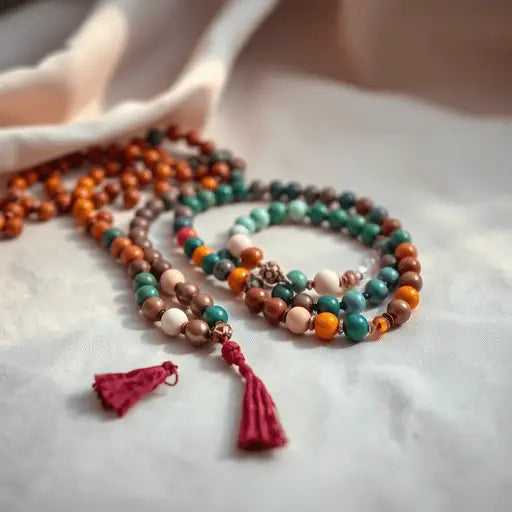 A colorful arrangement of Tasbeeh prayer beads on a soft fabric background, softly illuminated to highlight their texture, evoking calm and spirituality.