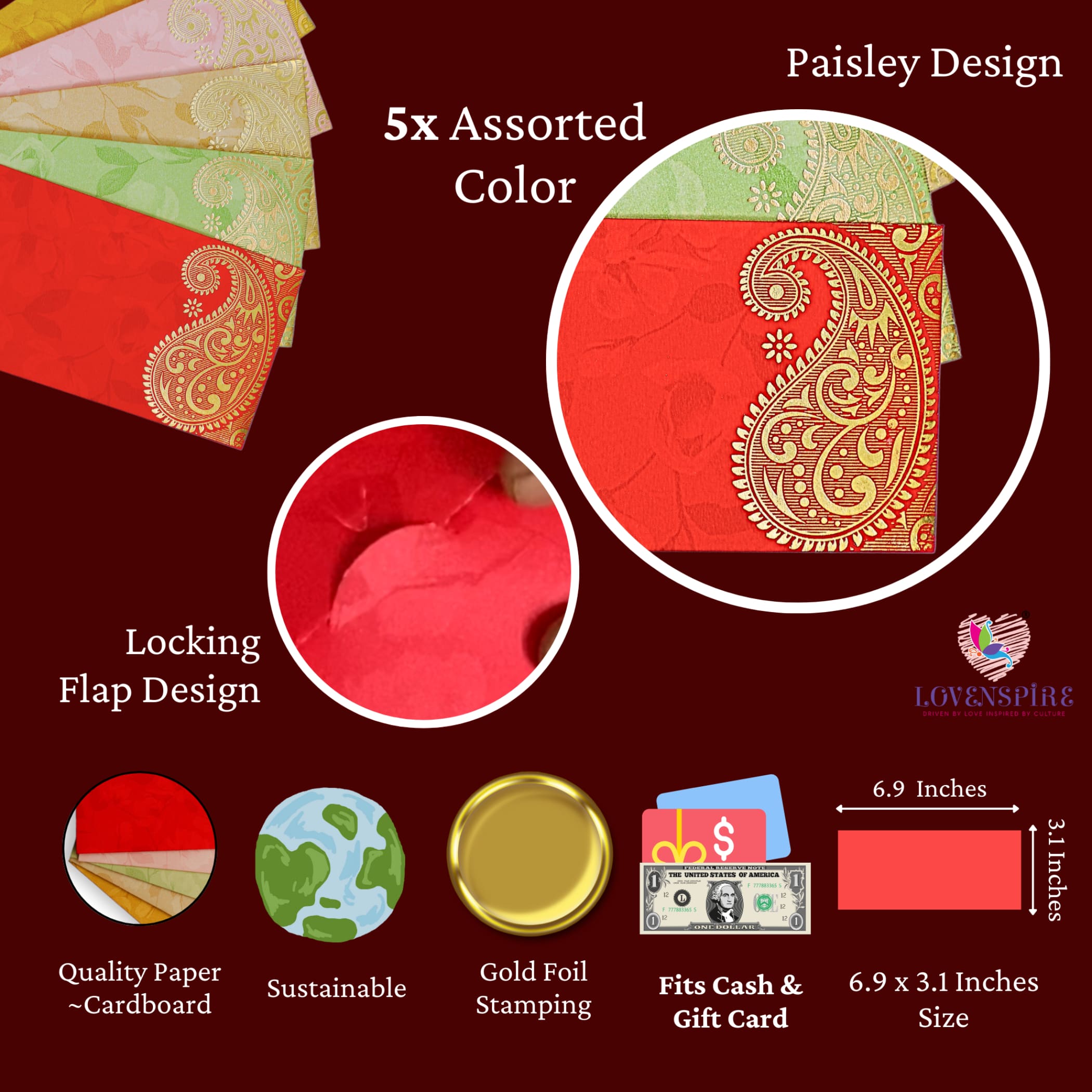 Money envelopes for cash gifts assorted color paisley