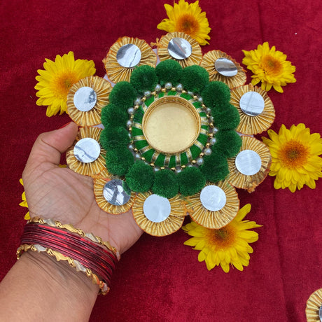Rangoli mat handmade pompom candle holders for diwali