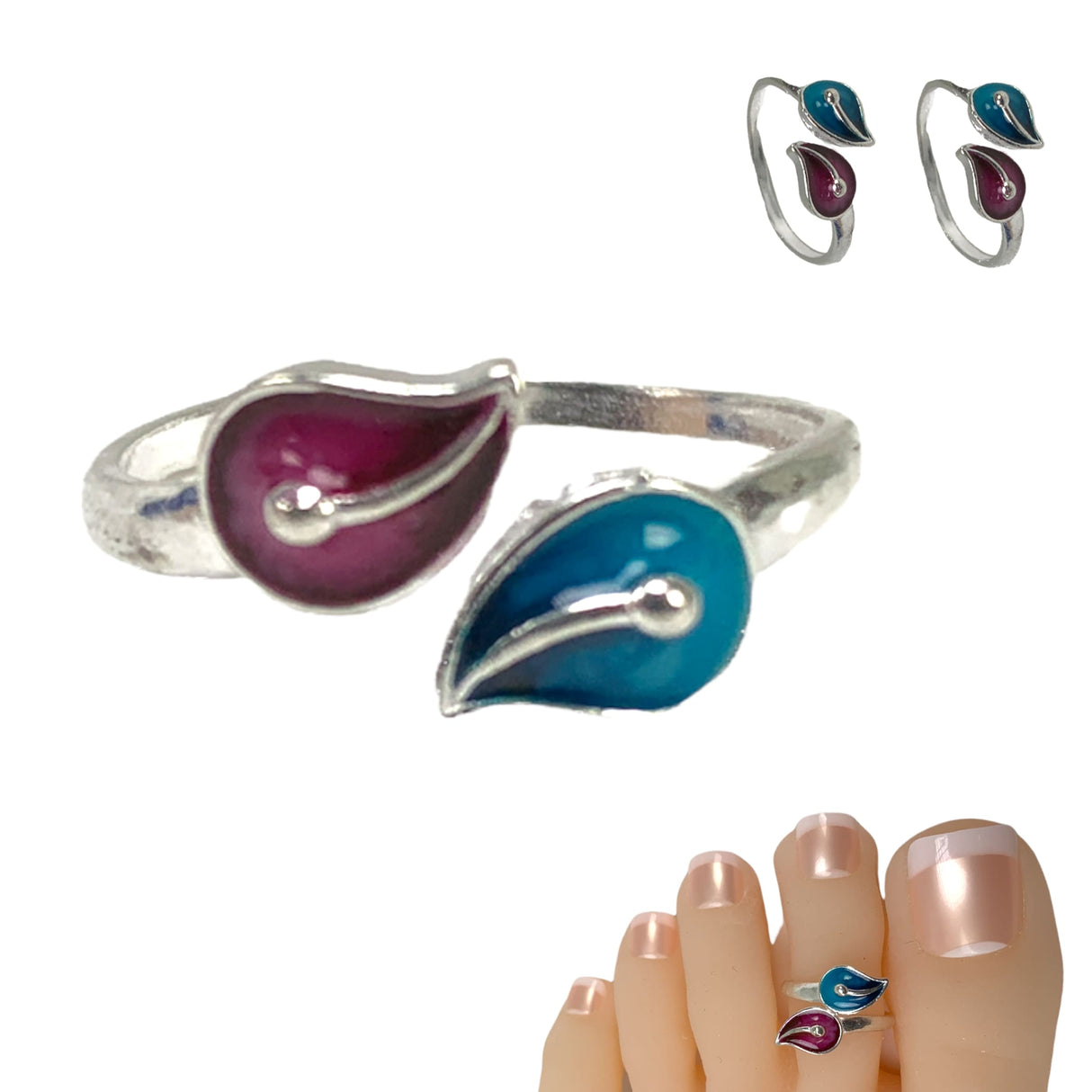 Leaf silver toe rings adjustable pair indian bichiya real
