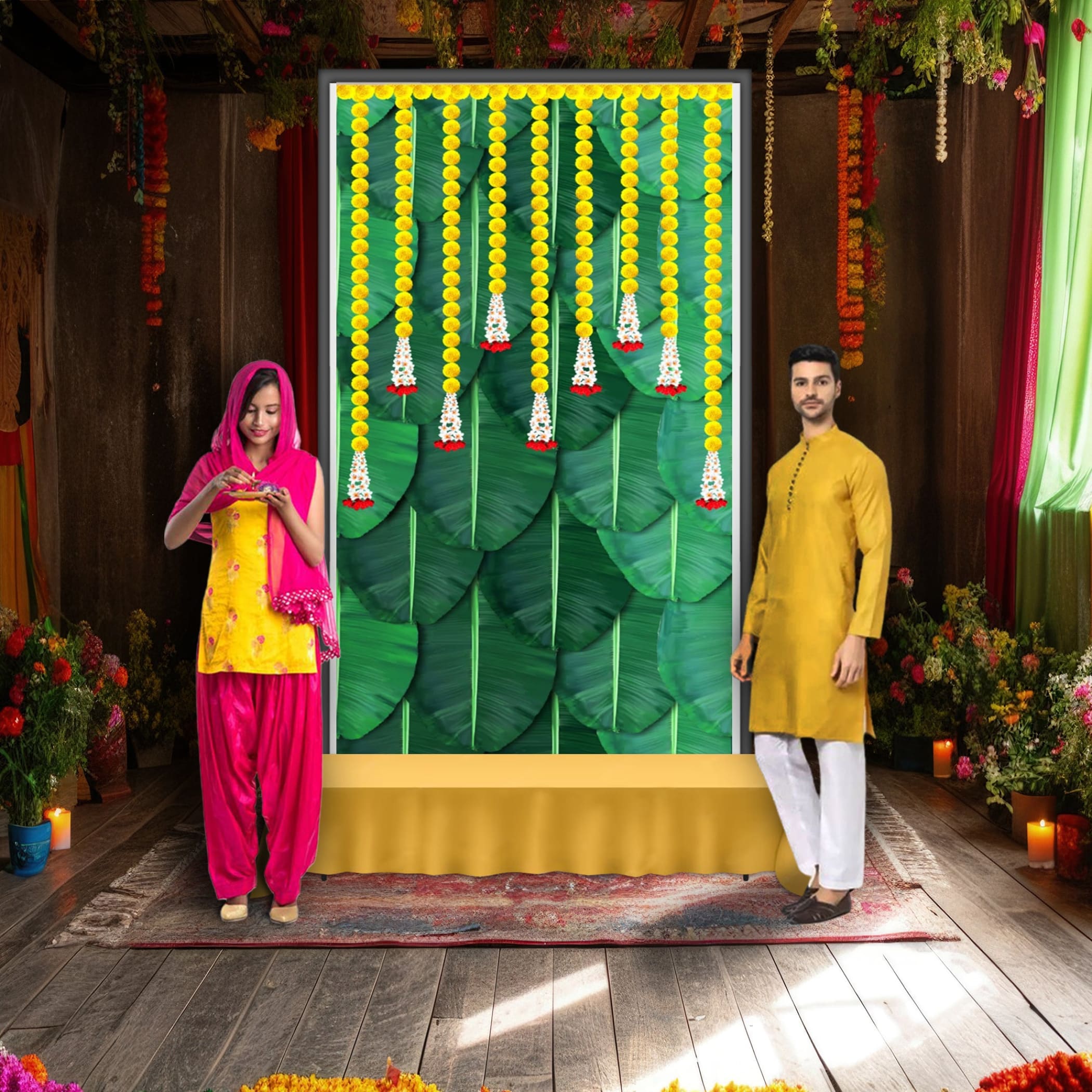 Banana leaf with marigold backdrop indian traditional cloth