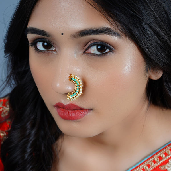 Buy Jewelopia Maharashtrian Green AD Nath CZ Nose Stud Pin Traditional  Bridal Wedding Jewelry Marathi Ad Nose Ring Without Piercing Pearl Gold  Plated Clip On Press Nath For Girls Online at Best