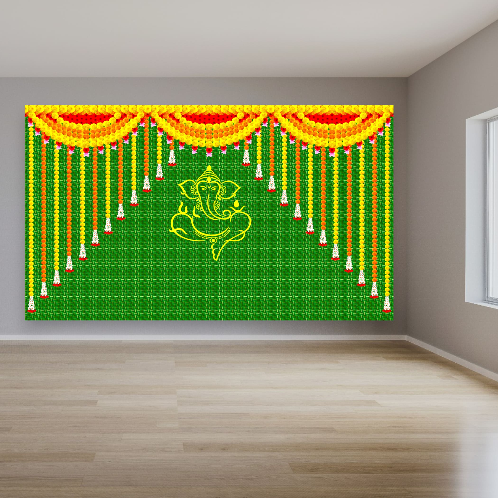 Ganesh with marigold backdrop pooja cloth traditional decor