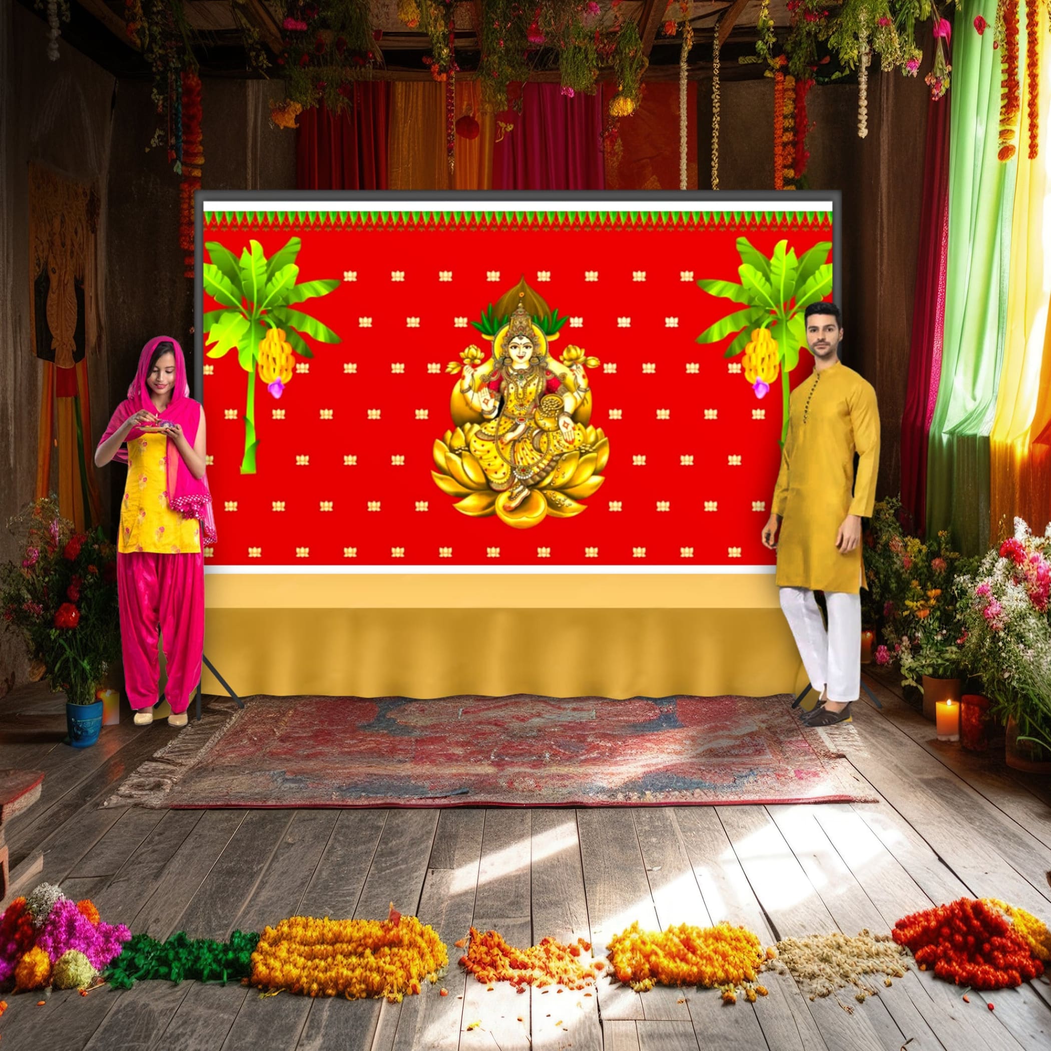 Goddess laxmi backdrop 5x8 feet indian traditional cloth