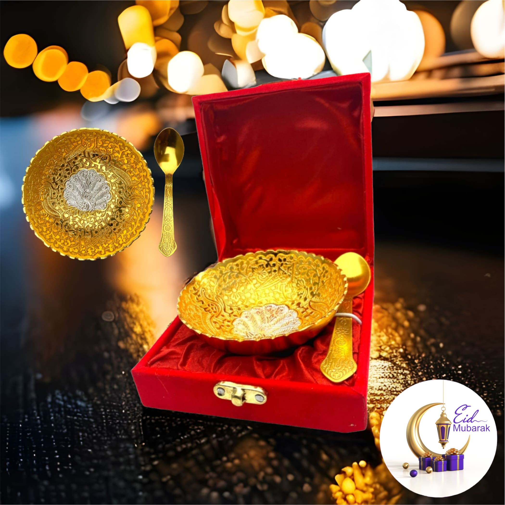 Gold silver plated bowl eid gift box mubarak ramadan islamic