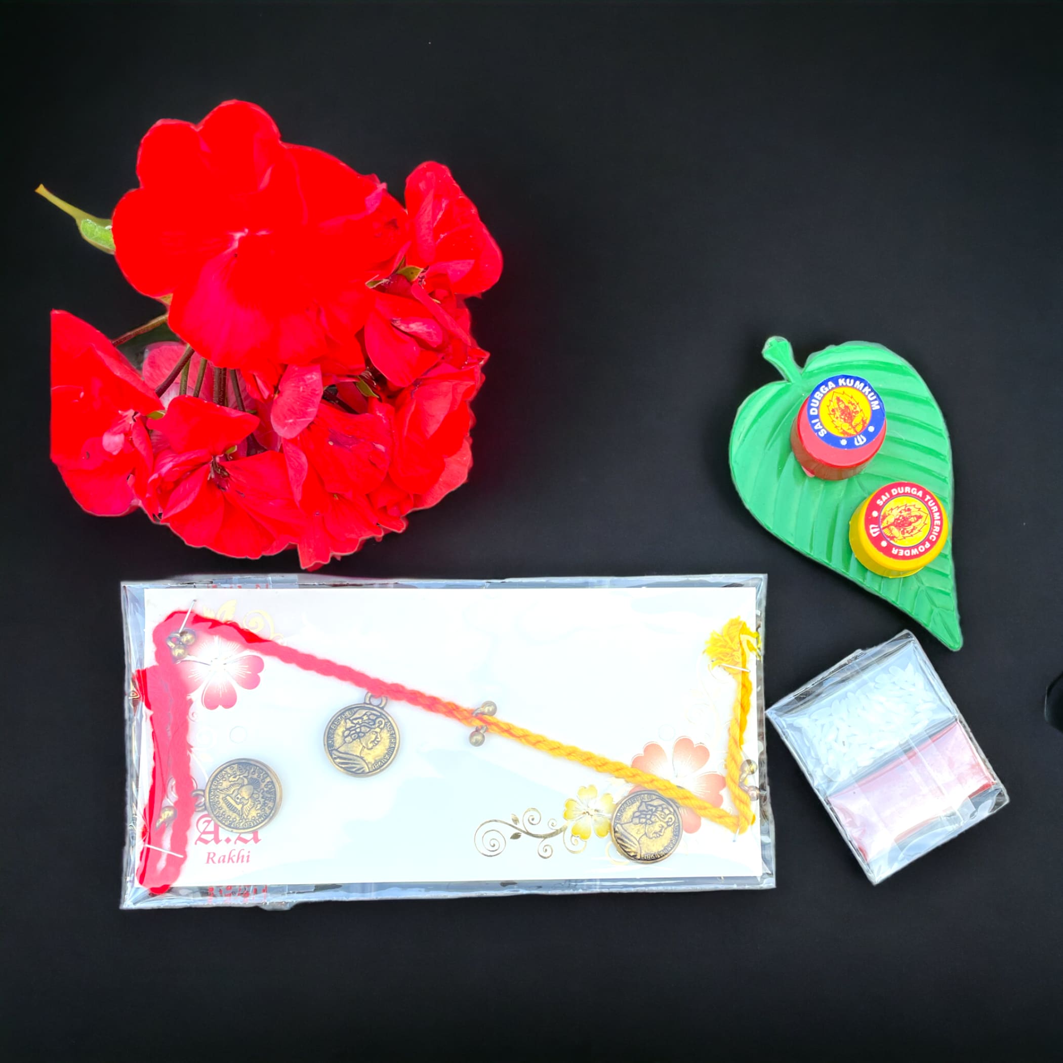 Golden pendent rakhi for brother sister card bracelet gift