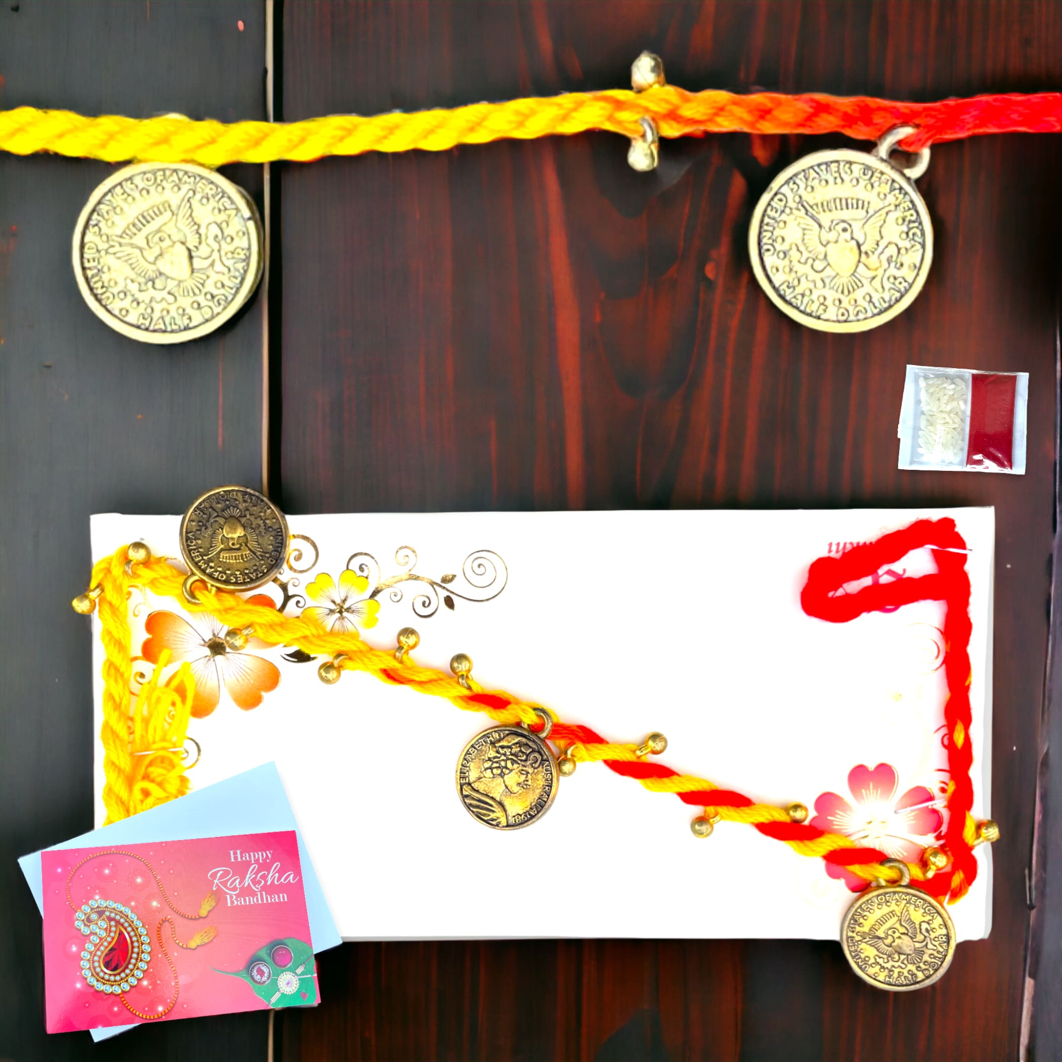 Golden pendent rakhi for brother sister card bracelet gift