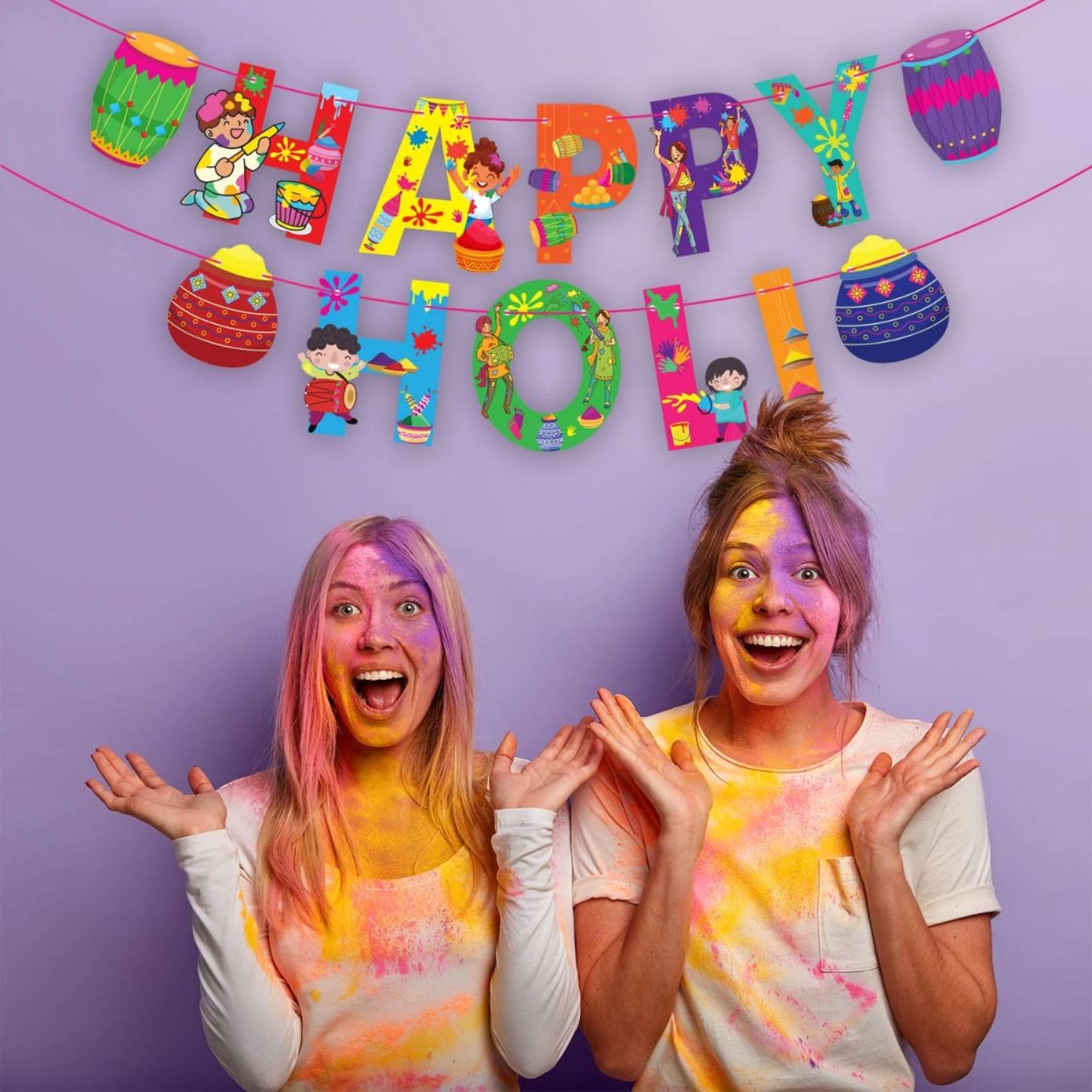 Happy holi banners indian festival colorful bunting diy