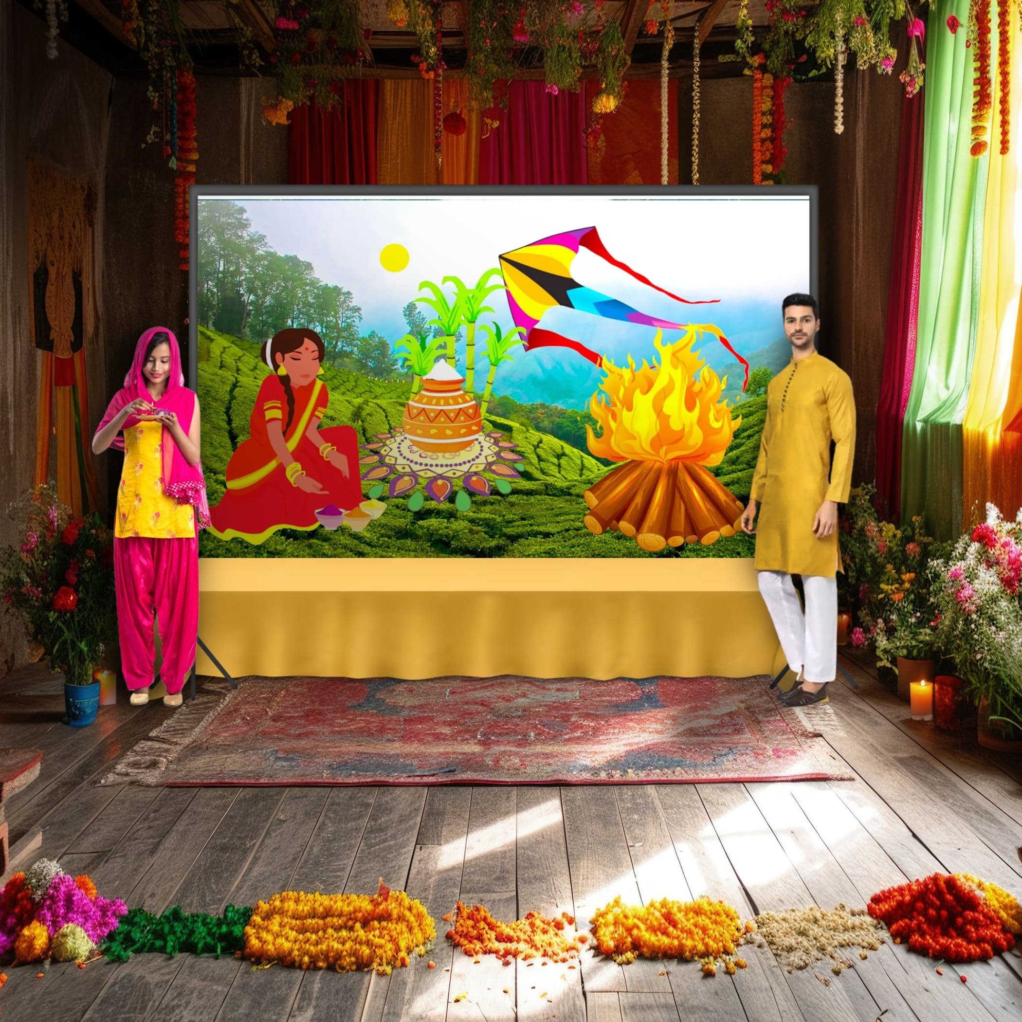 Happy lohri banner indian traditional cloth 5x8 feet