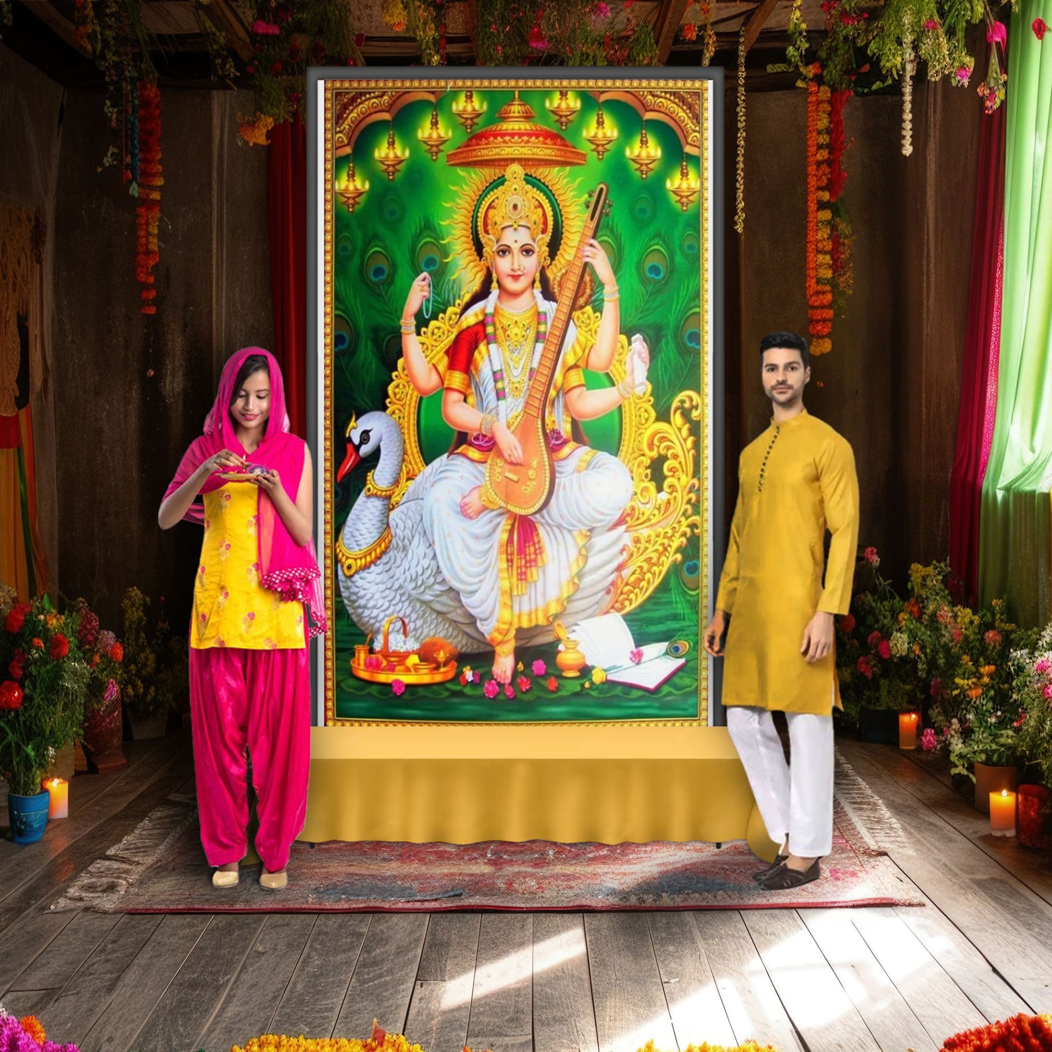 Hindu goddess god saraswati backdrop poster 5x8 diwali