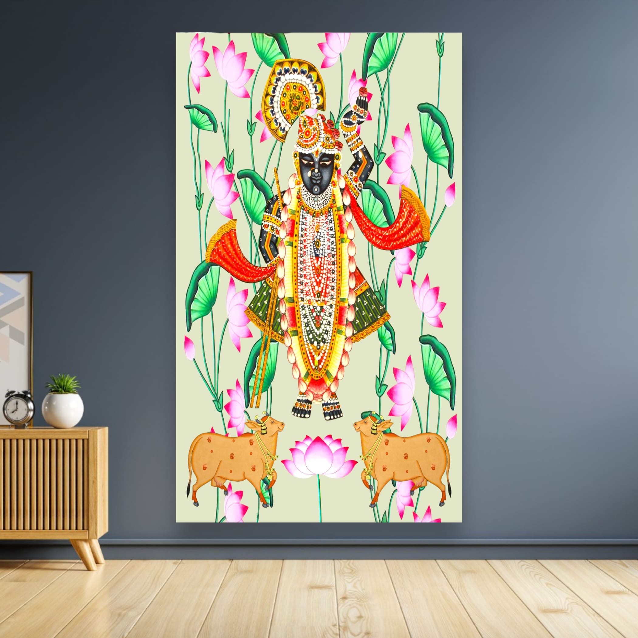 Krishna with cow backdrop indian traditional cloth 5x8 feet