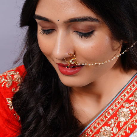Kundan classic nose ring with chain gold plating fine
