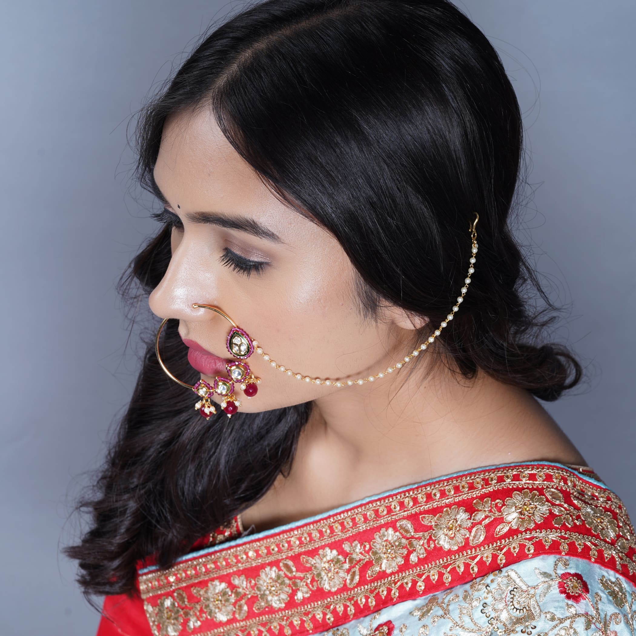 Large presson kundan nose ring with gold plating pressing