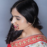Kundan crystal nose ring with gold plating hair chain