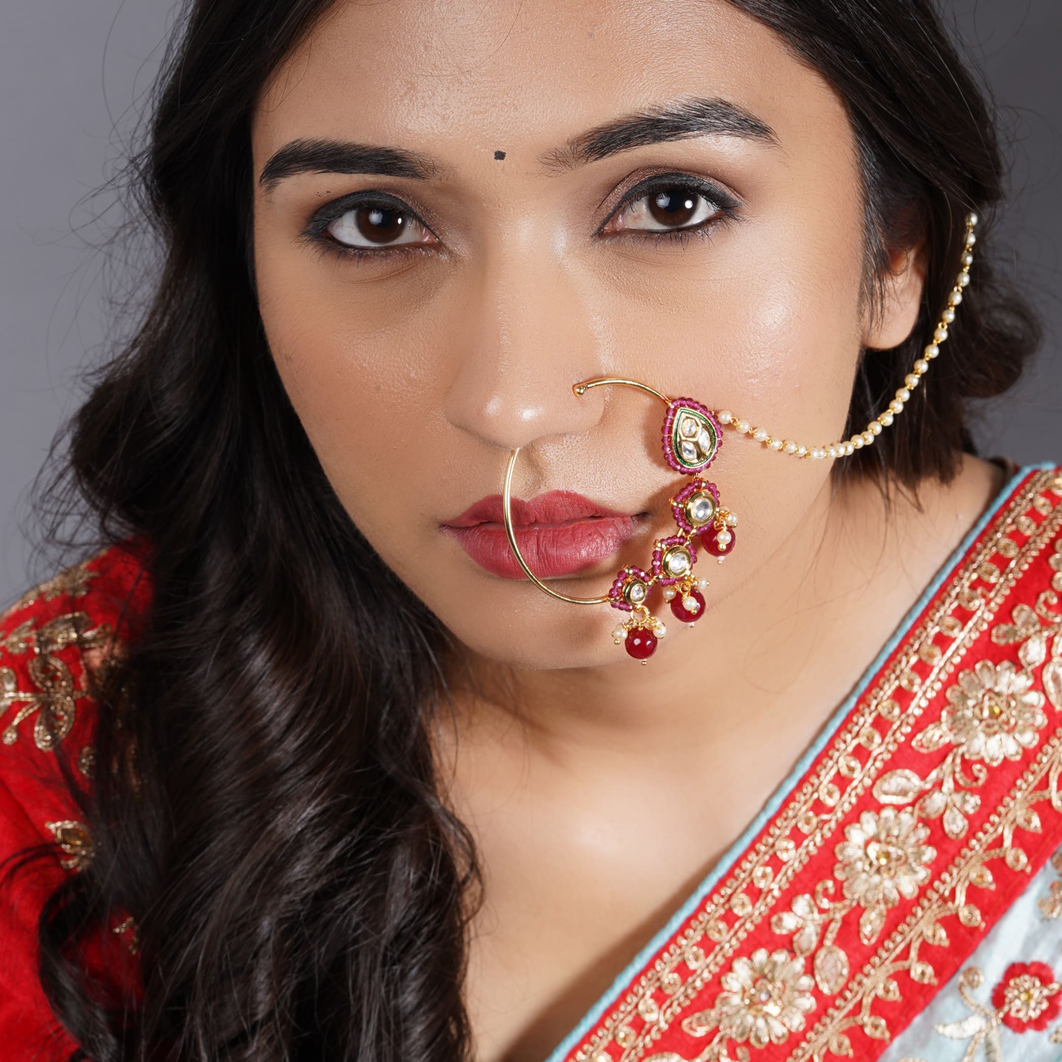 Large presson kundan nose ring with gold plating pressing