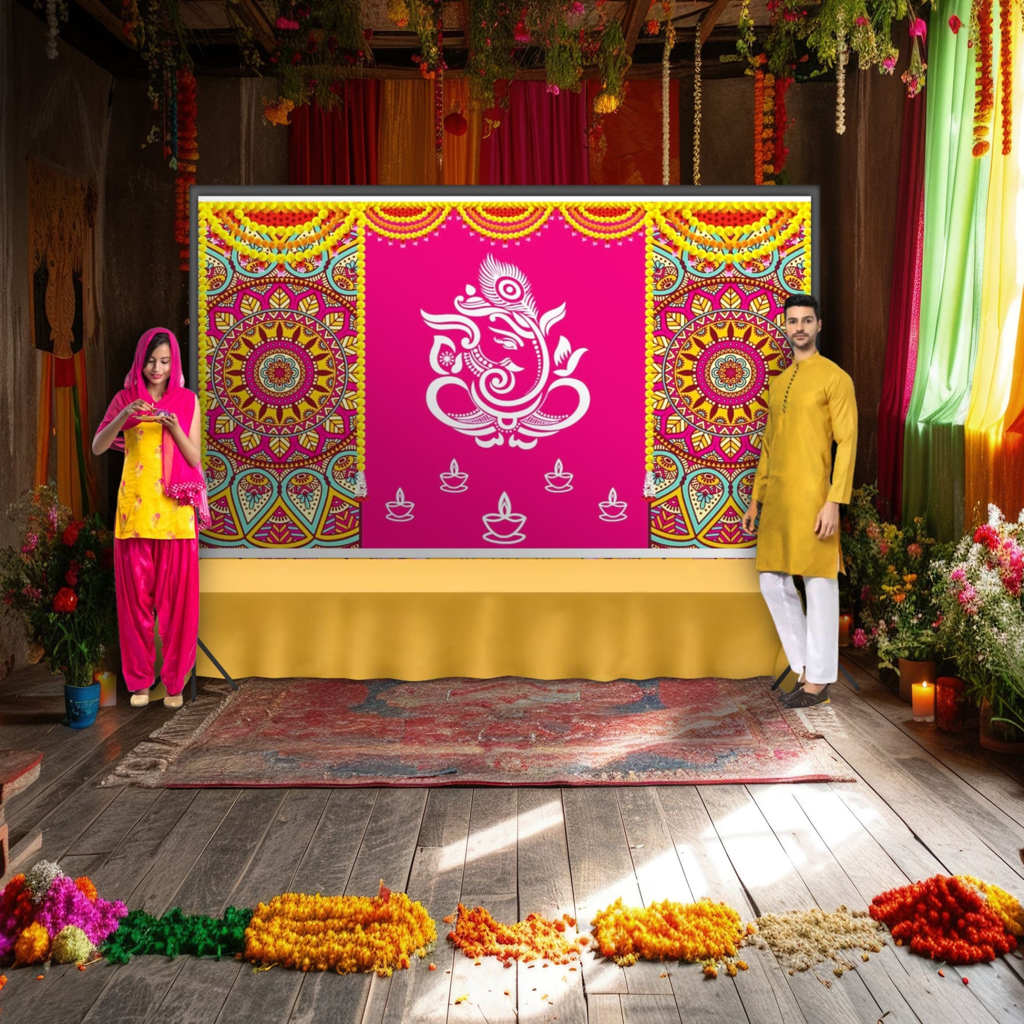 Lord ganesh backdrop 5x8 feet indian traditional cloth