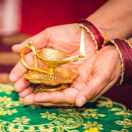 Lotus brass finish diya indian craft for puja oil lamp