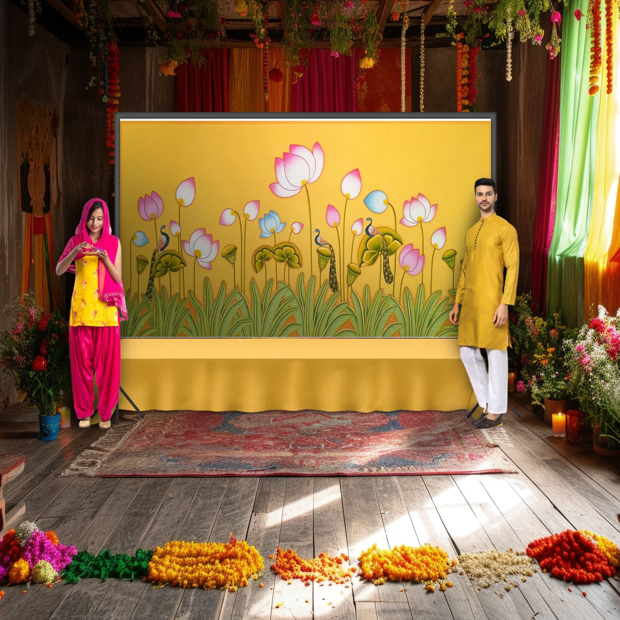 Lotus with peacock backdrop wedding decoration pooja indian