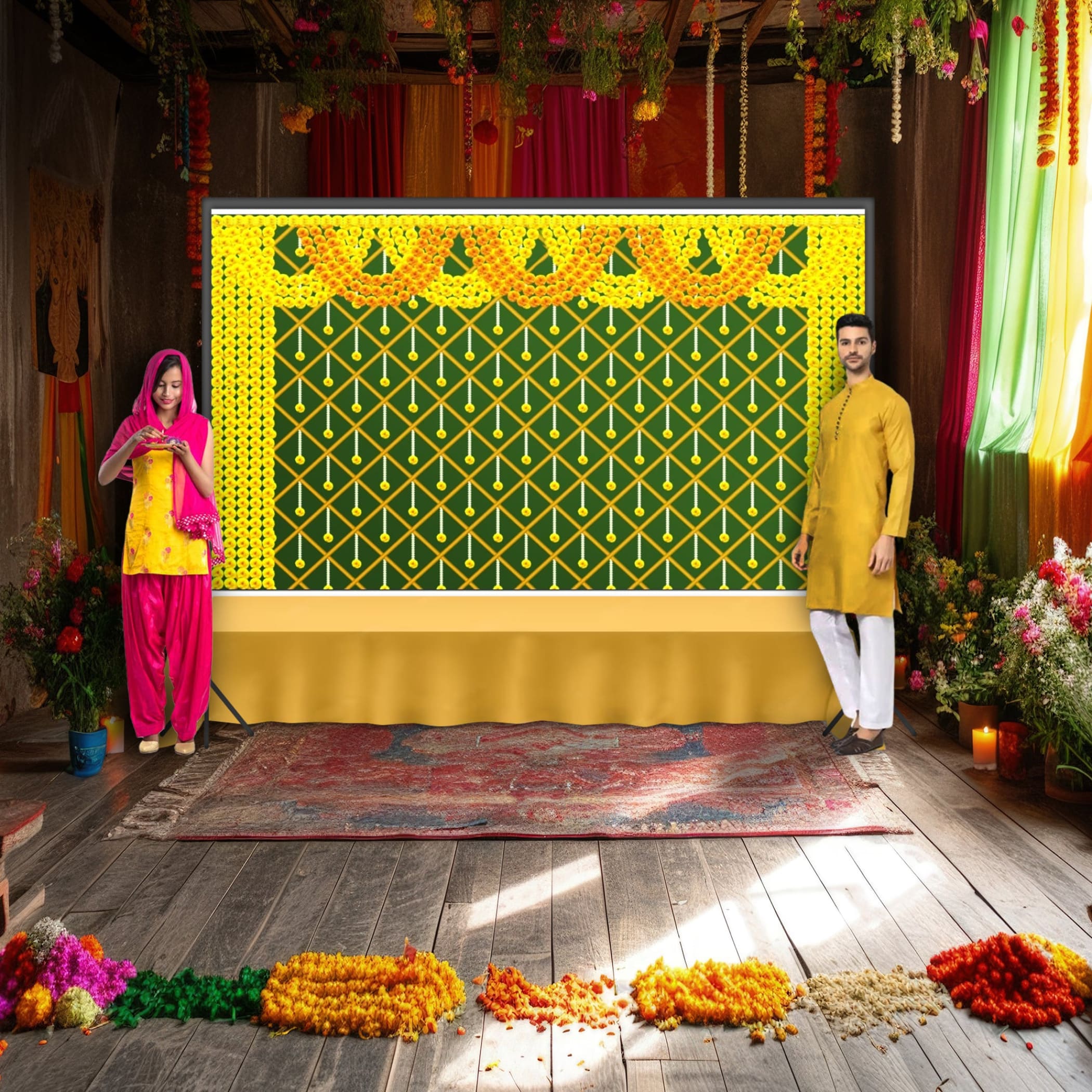Marigold backdrop indian traditional cloth 5x8 feet pooja