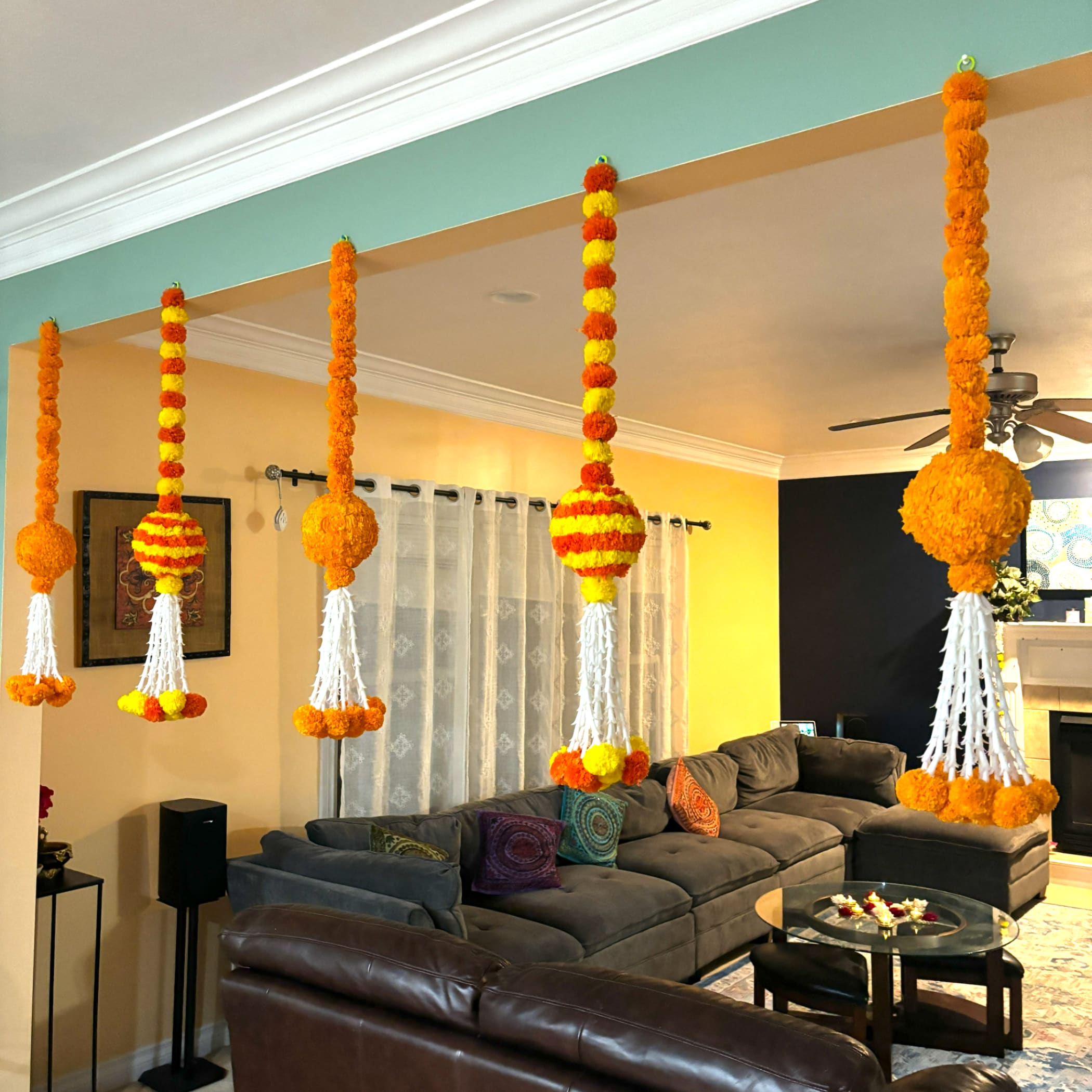 Marigold garland hanging jhoomar diwali decoration day