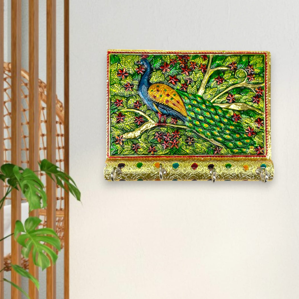 Peacock design frame wall key holder for decorative hand