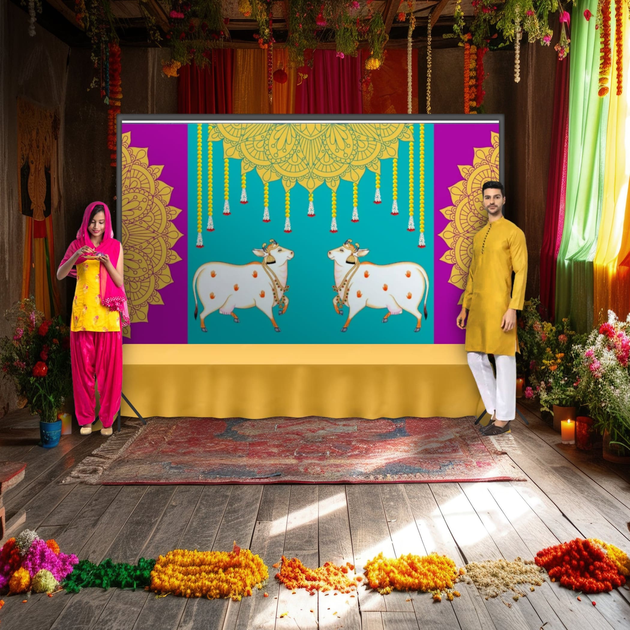 Pichwai cow print backdrop 5x8 feet indian traditional