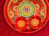 Rhinestone Pooja Aarti Thali With Bowls Meenakari Work Red Painted Handmade Stylish Platter Haldi Kumkum Thali Ganesh Pooja Teej Diwali Pooja Thali Housewarming Gift