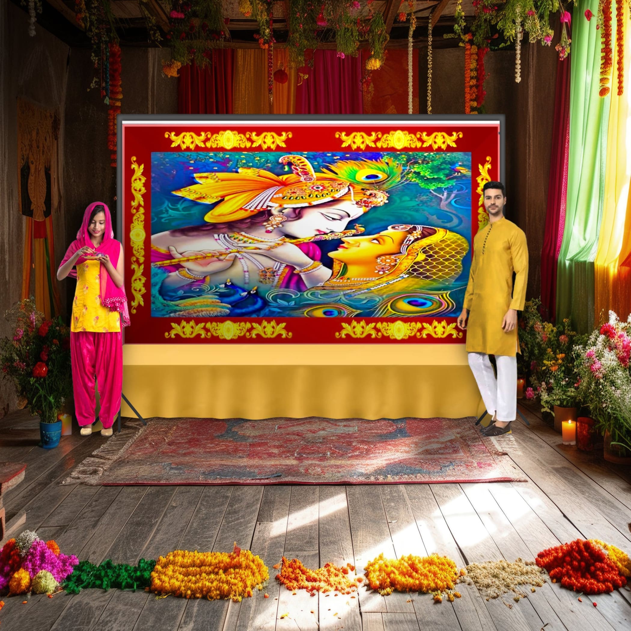 Radha krishna backdrop indian traditional cloth 5x8 feet