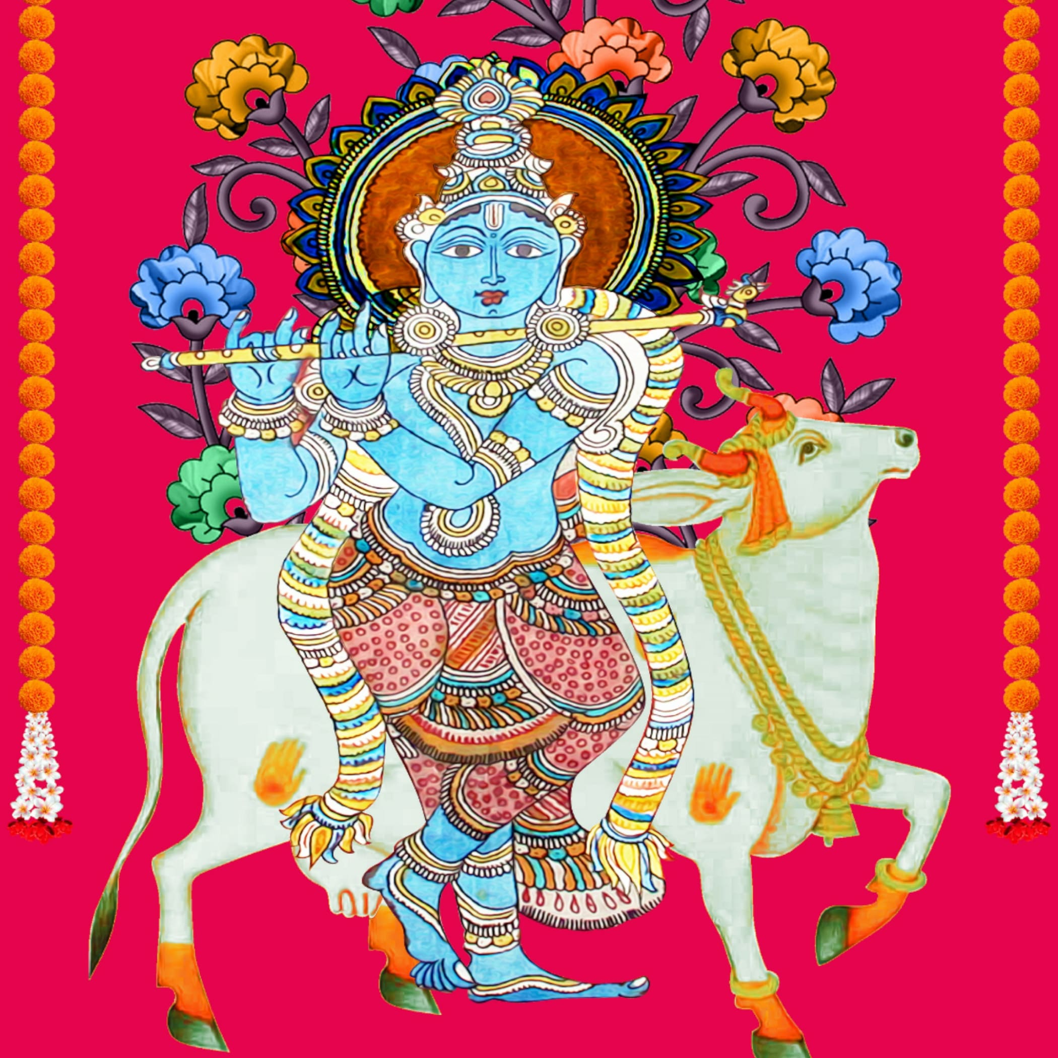 Krishna with cow backdrop indian traditional rani cloth 5x8