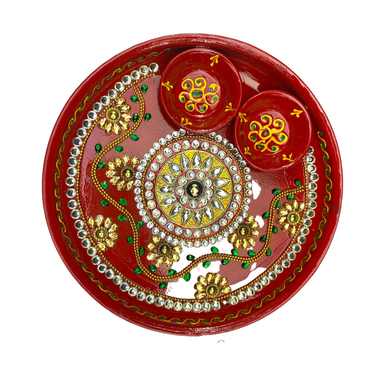 Rhinestone pooja aarti thali with bowls meenakari work red