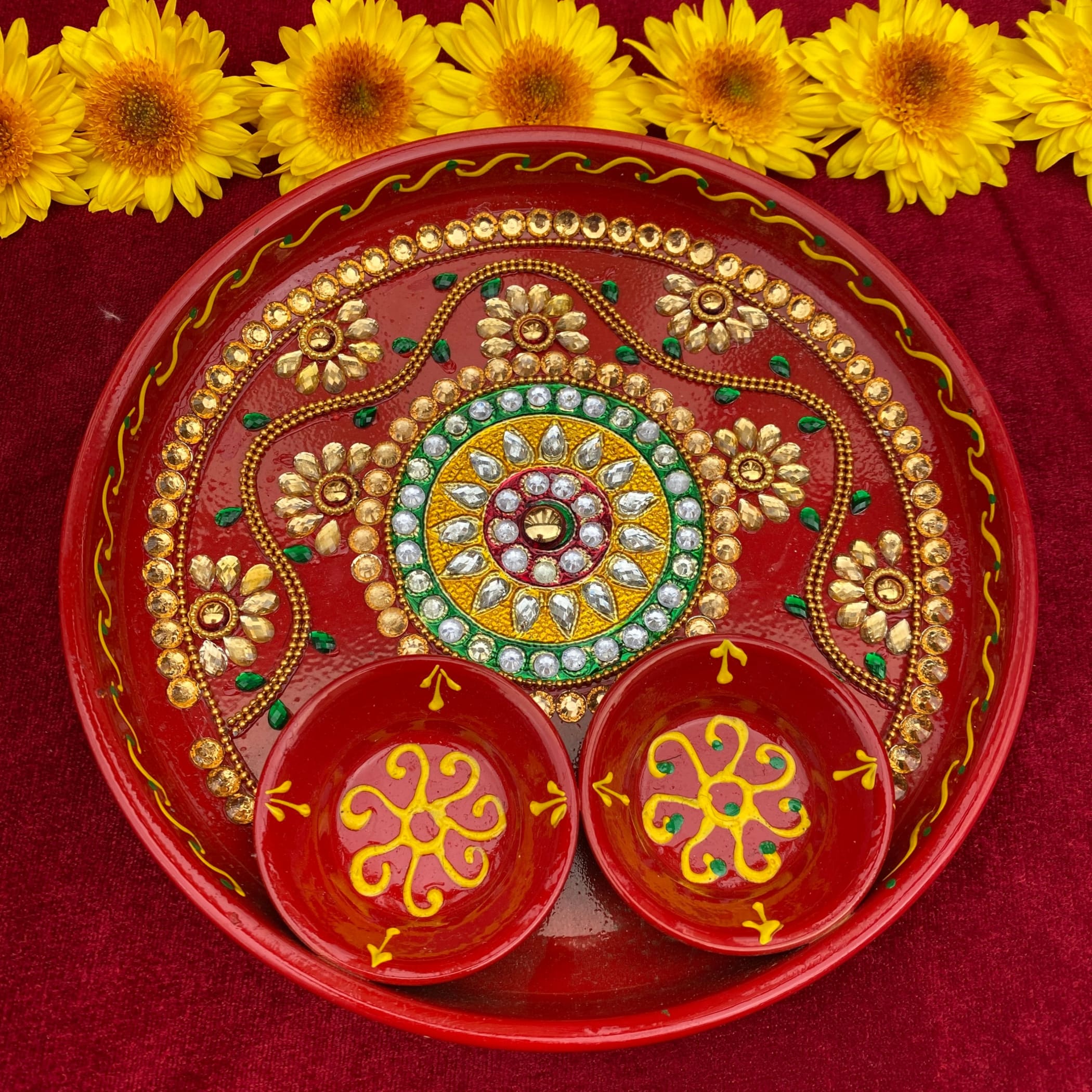 Rhinestone pooja thali aarti meenakari work red painted