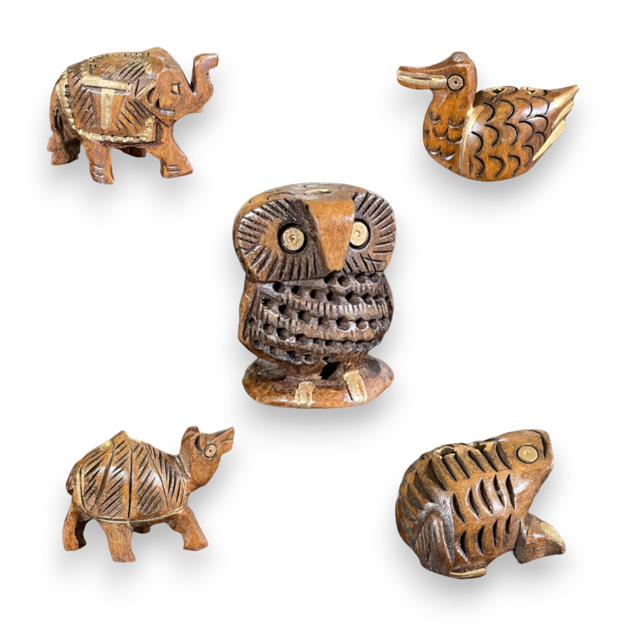 Set Of 5 Wooden Animal Handmade Showpiece Elephant Duck Owl