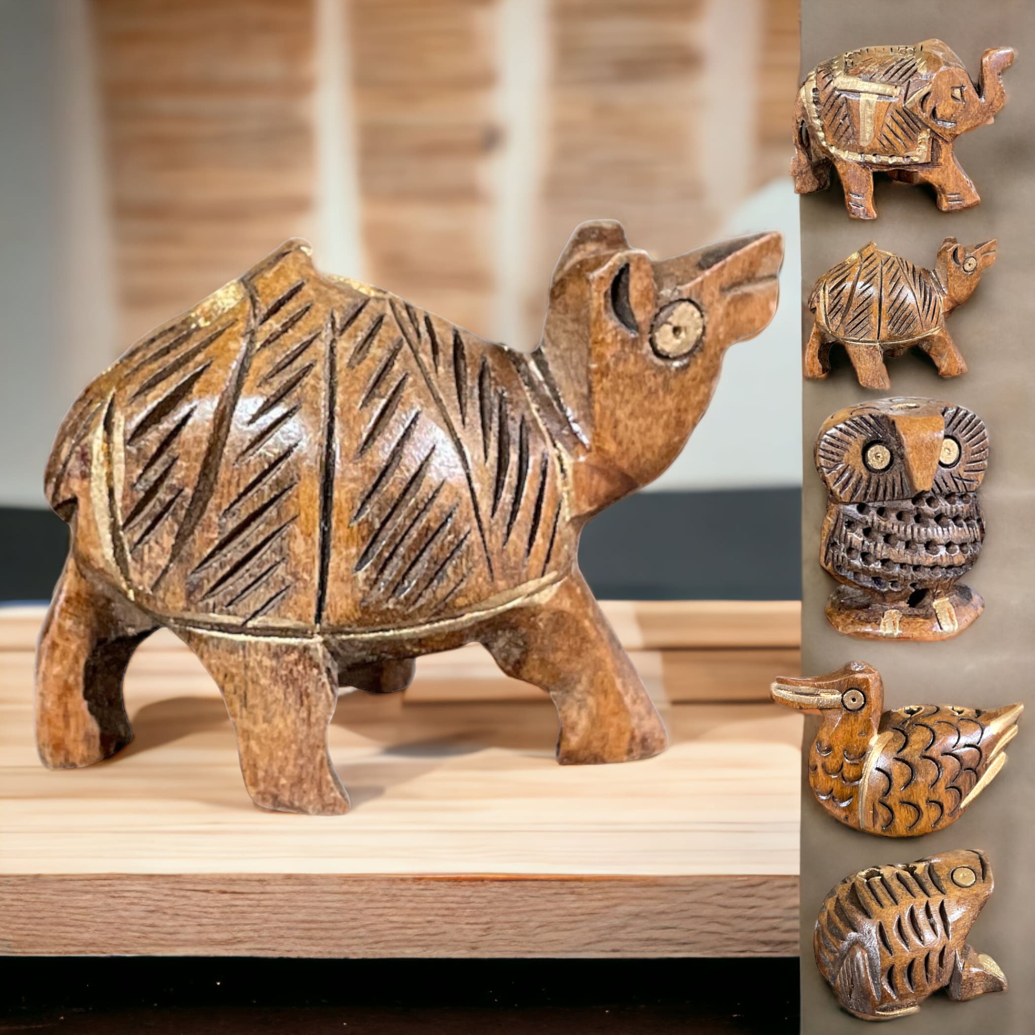 Set of 5 wooden handmade showpiece elephant duck owl frog &
