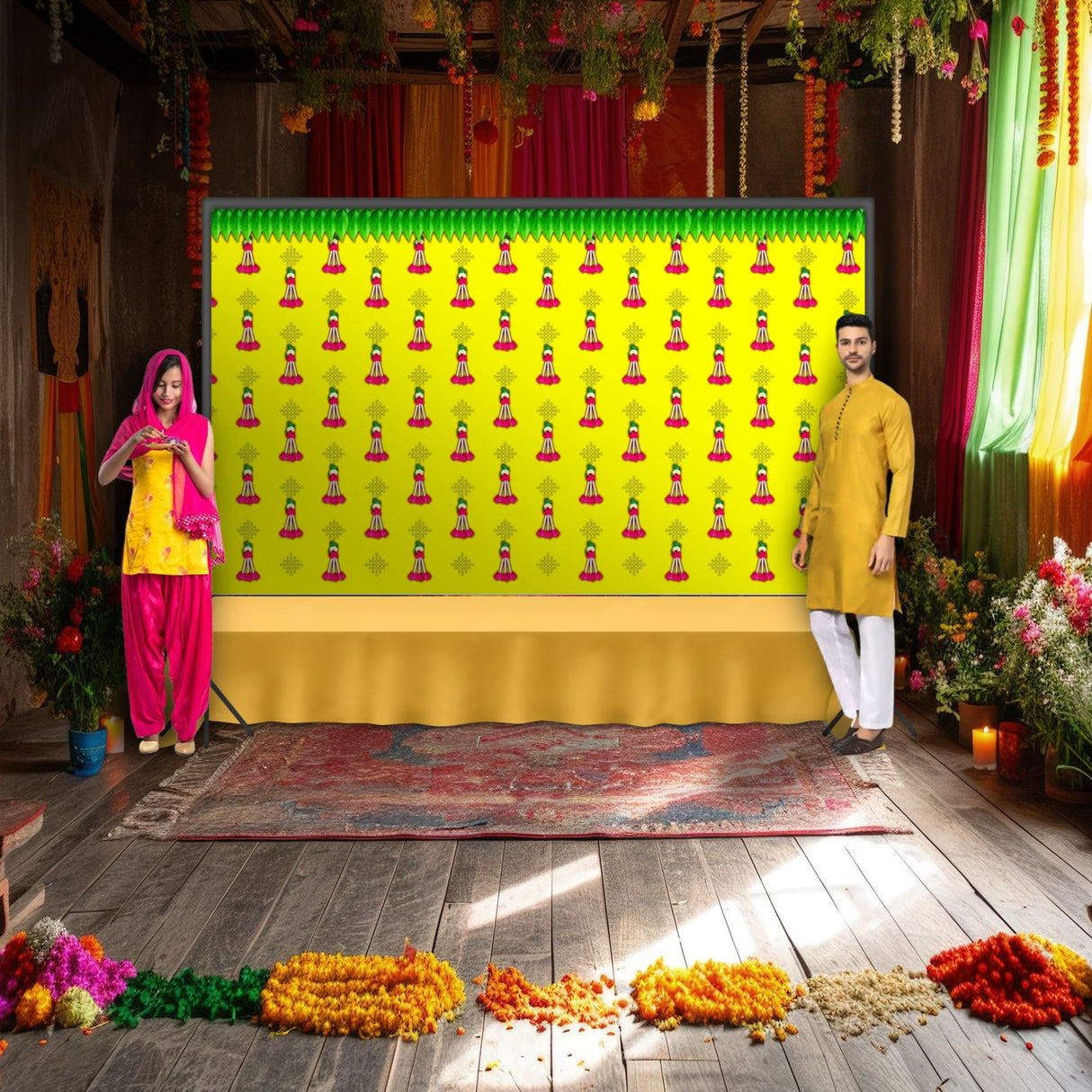 Yellow tazzle mango leaf backdrop pooja decoration indian