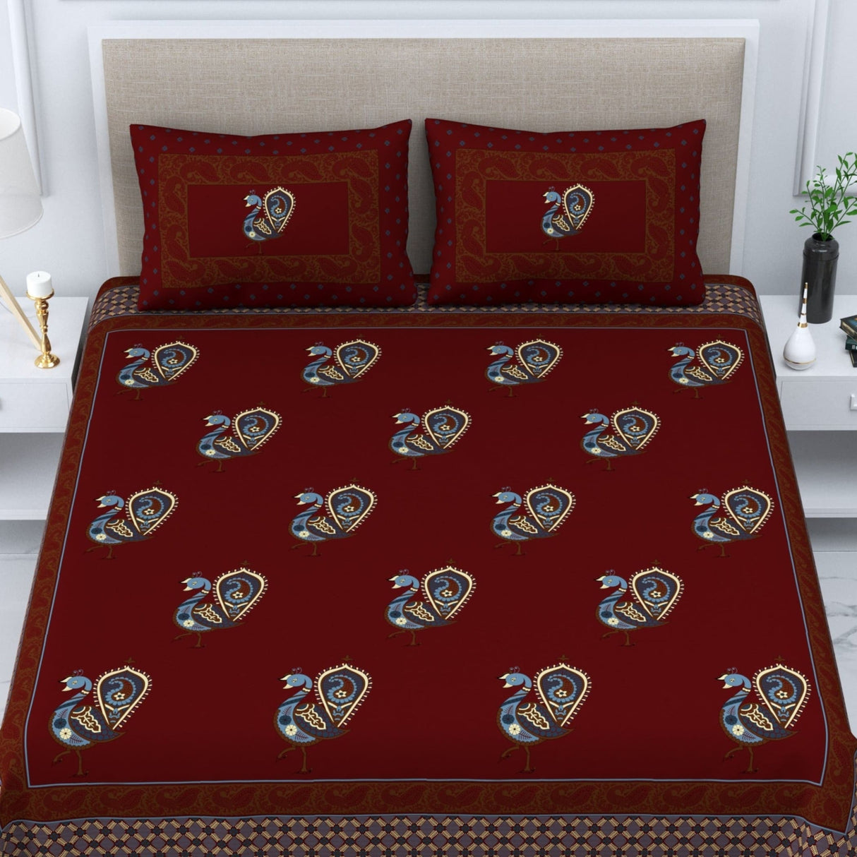 100% cotton sheets indian ethnic peacock printed 3 - piece