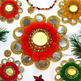 Rangoli mat handmade pompom candle holders for diwali