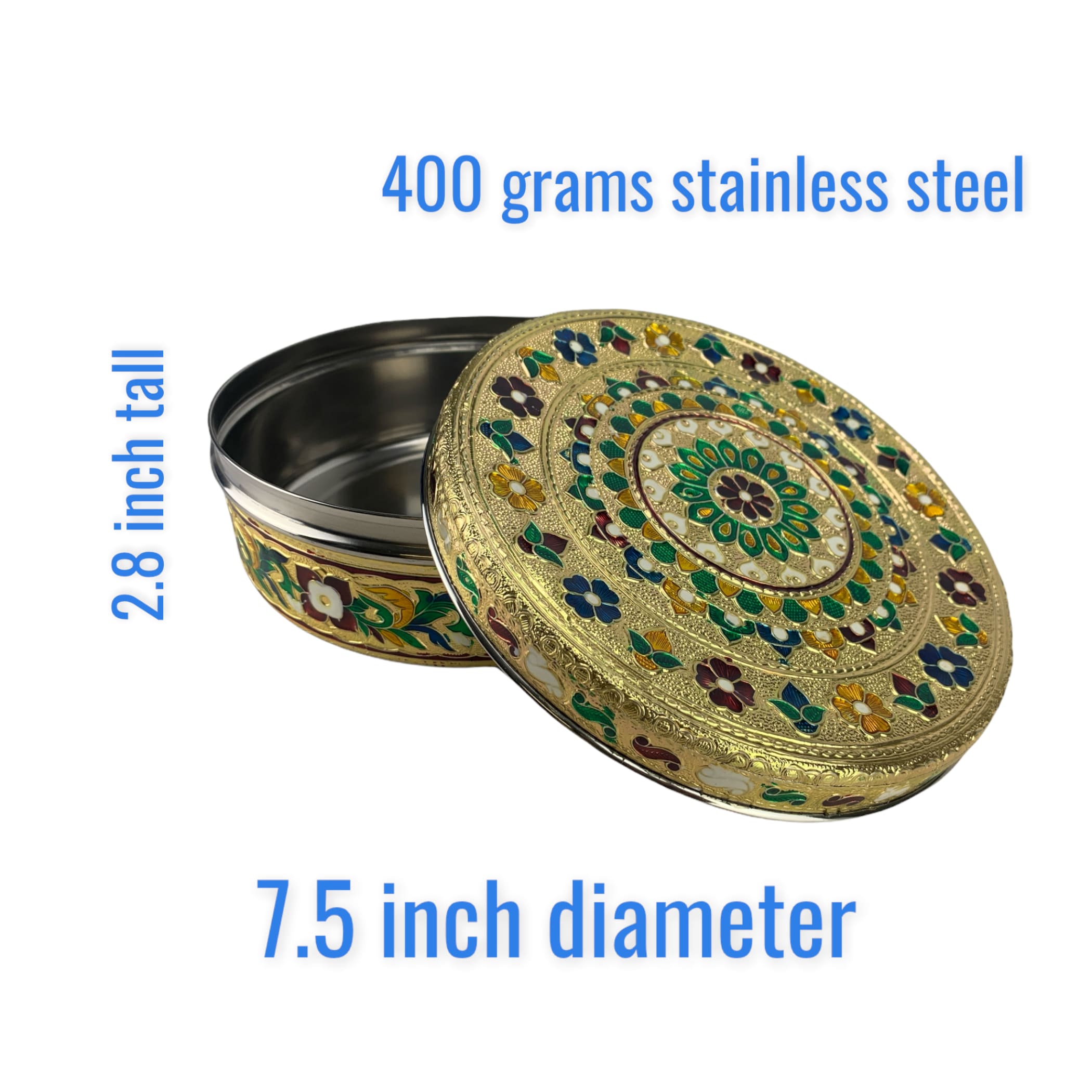7.5 inches decorative roti papad box stainless steel small
