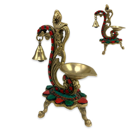 Brass finish oil lamp diya with bells wick puja gifting
