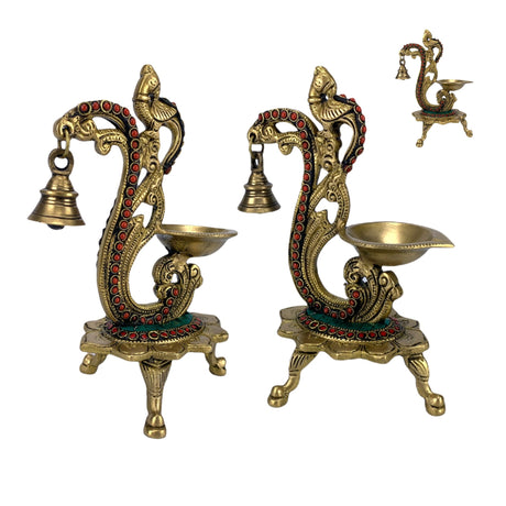 Brass finish oil lamp diya with bells wick puja gifting