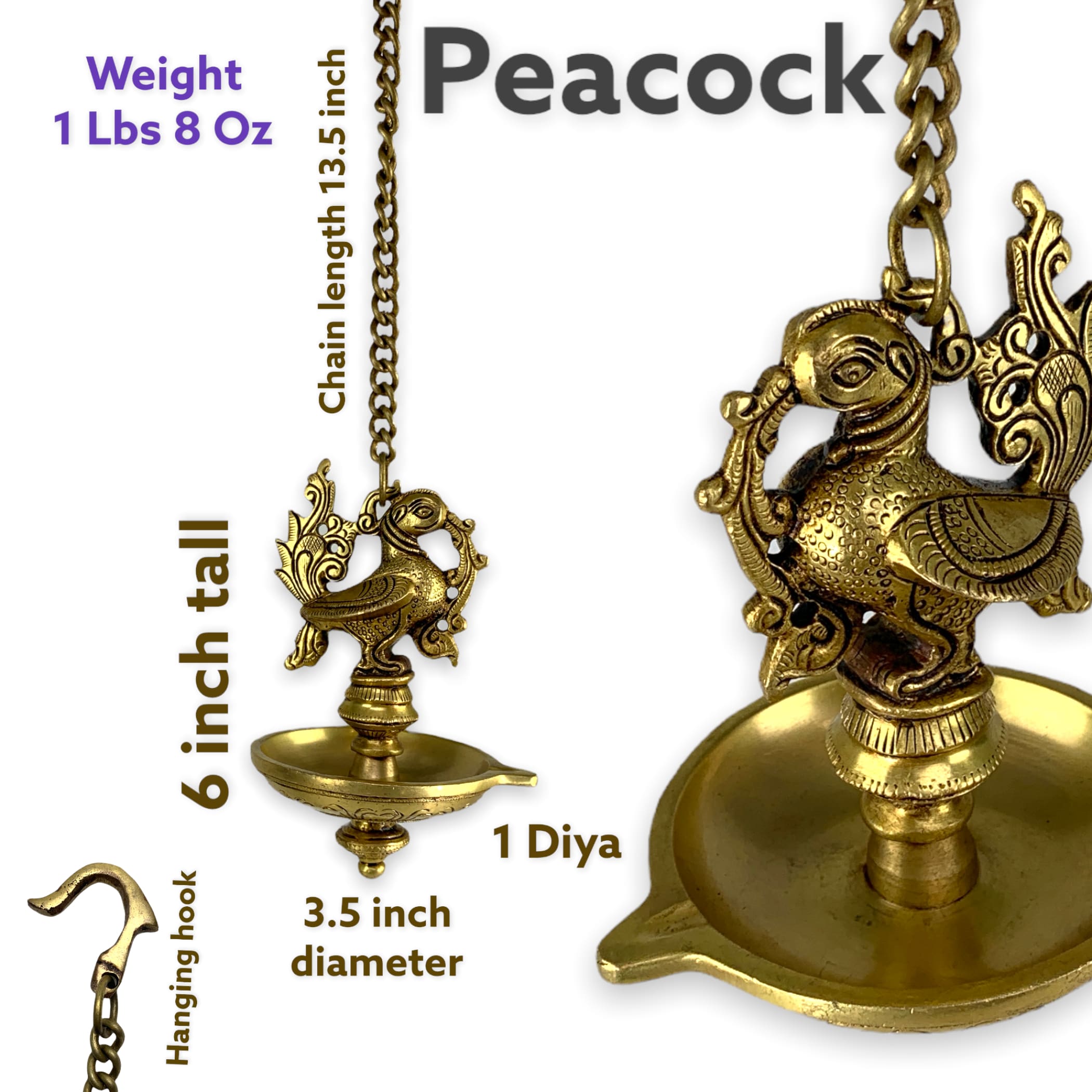 Brass peacock wall hanging idol oil lamp diya with chain