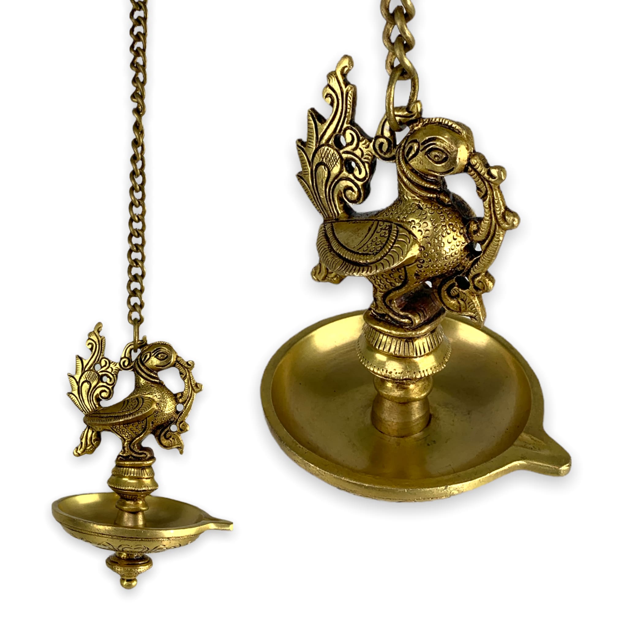 Brass peacock wall hanging idol oil lamp diya with chain