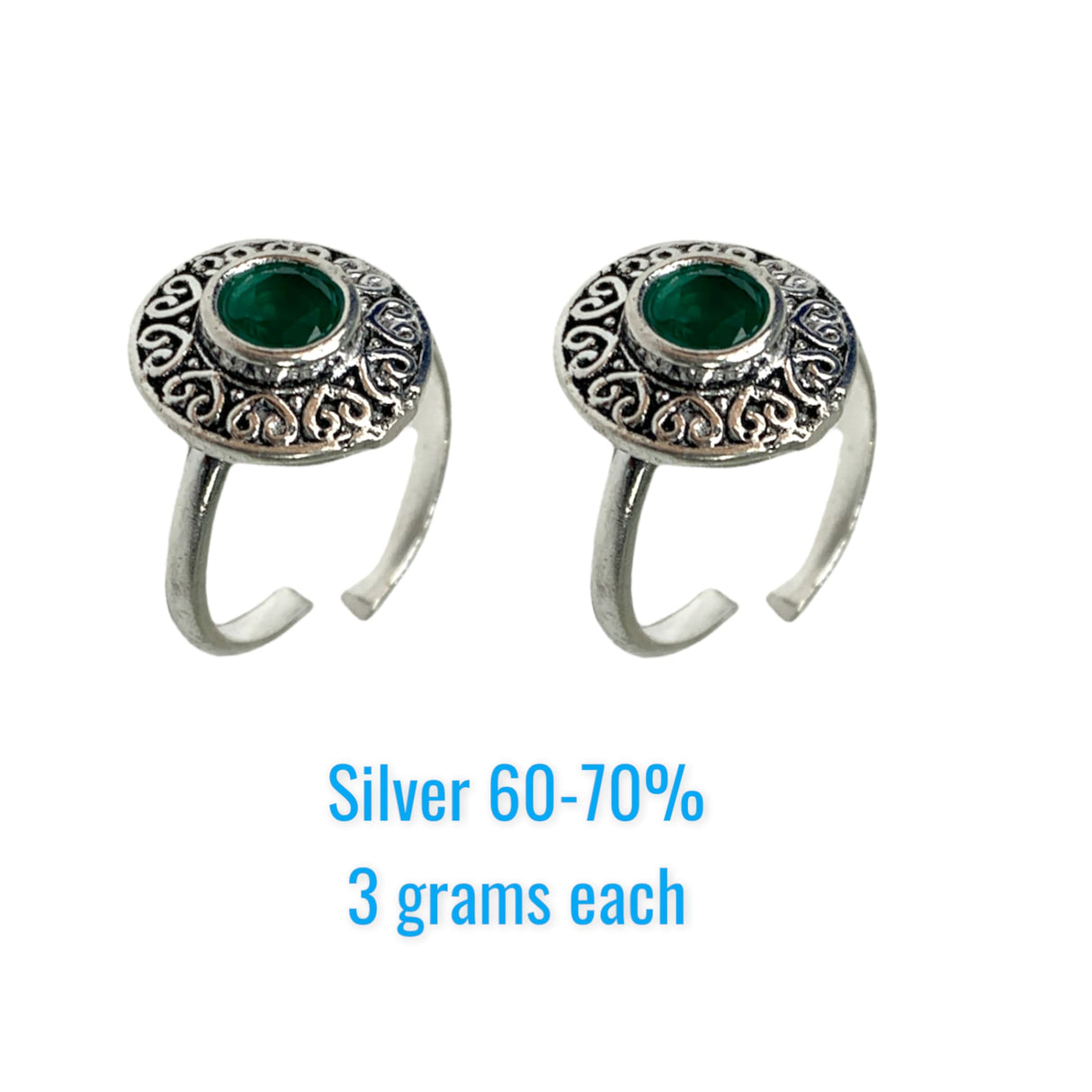 Adjustable silver toe rings pair green moti indian bichiya