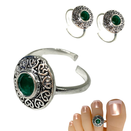 Adjustable silver toe rings pair green moti indian bichiya