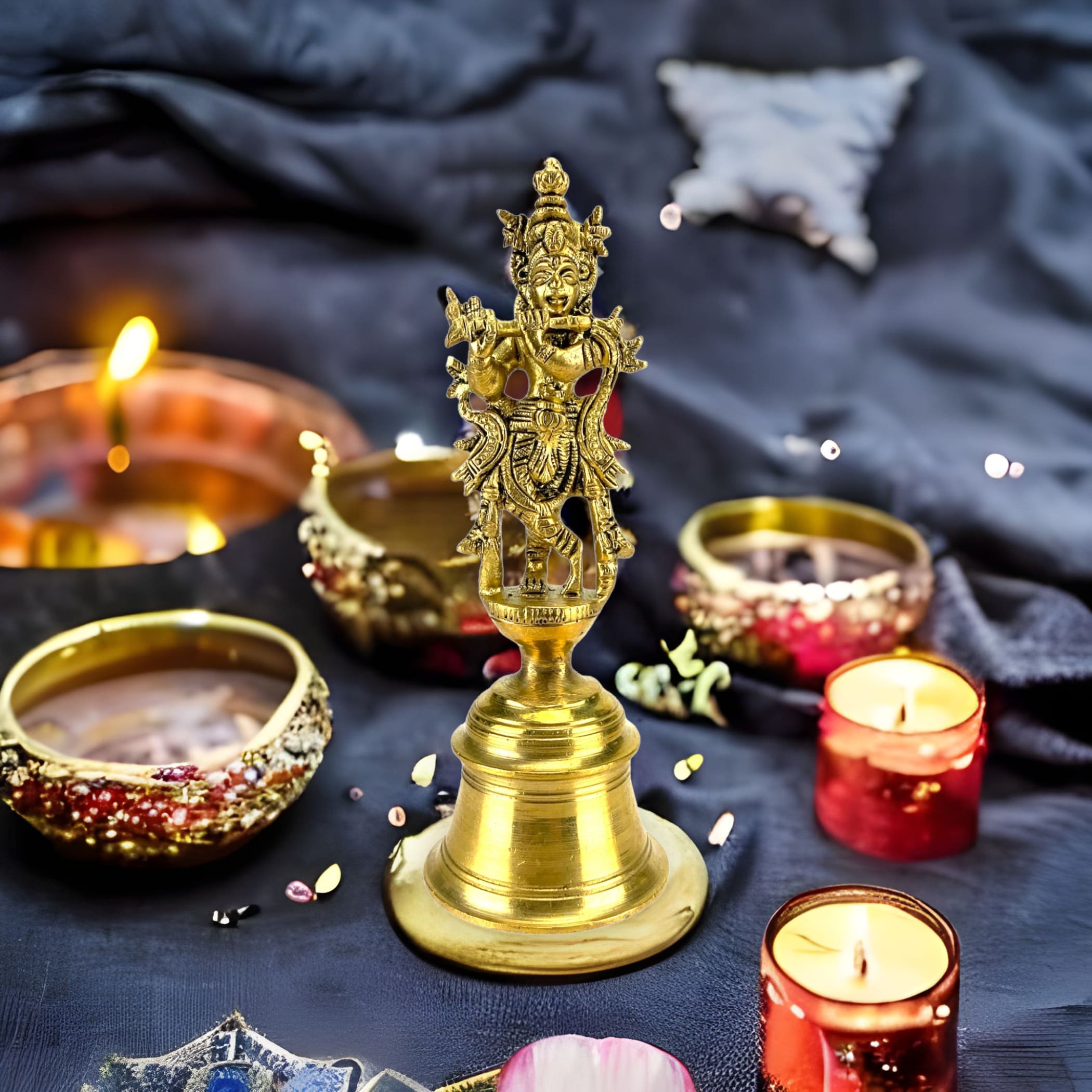 Traditional Brass Temple Bells with Peacock for Home Decor Brass