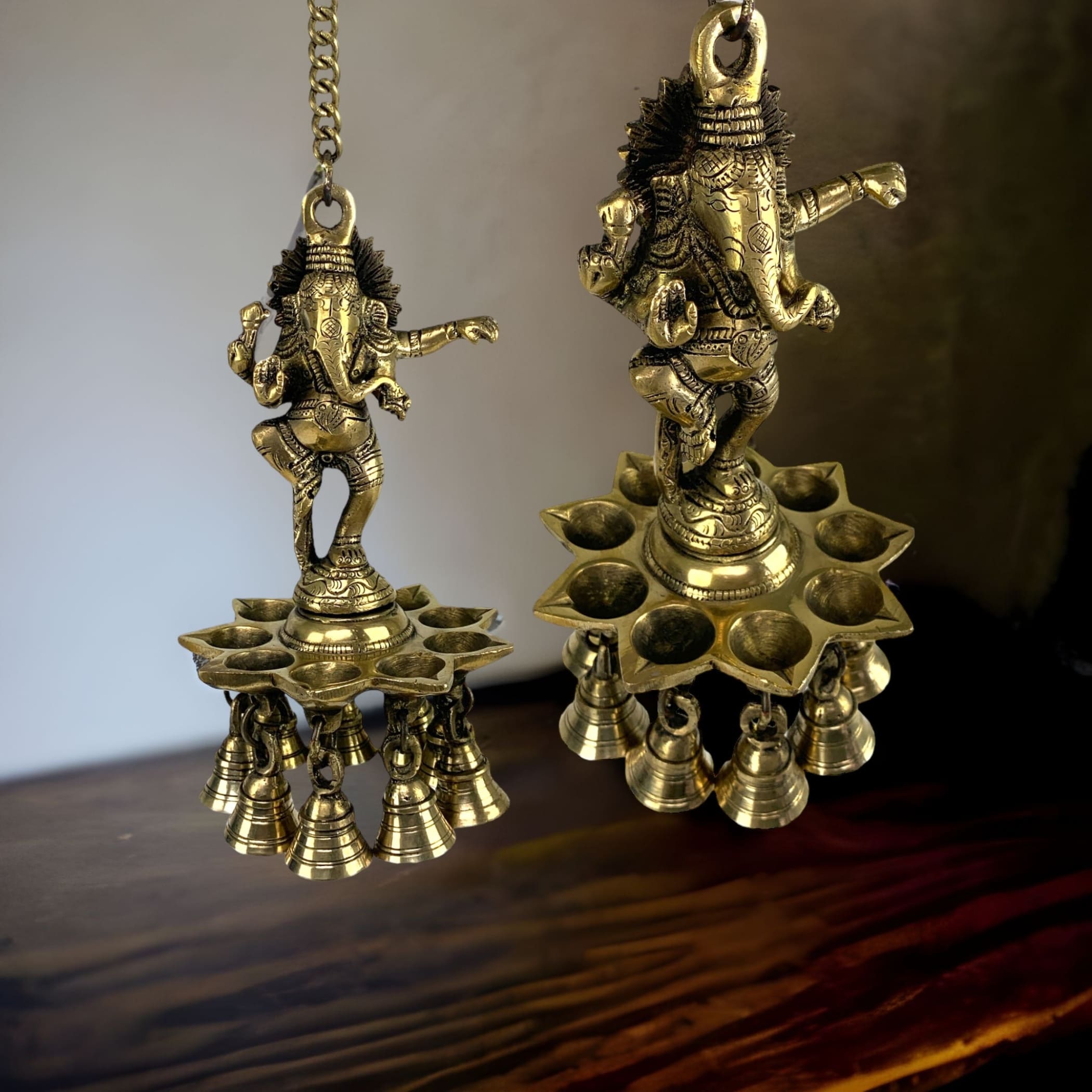 Brass ganesh wall hanging idol oil lamp diya with bells